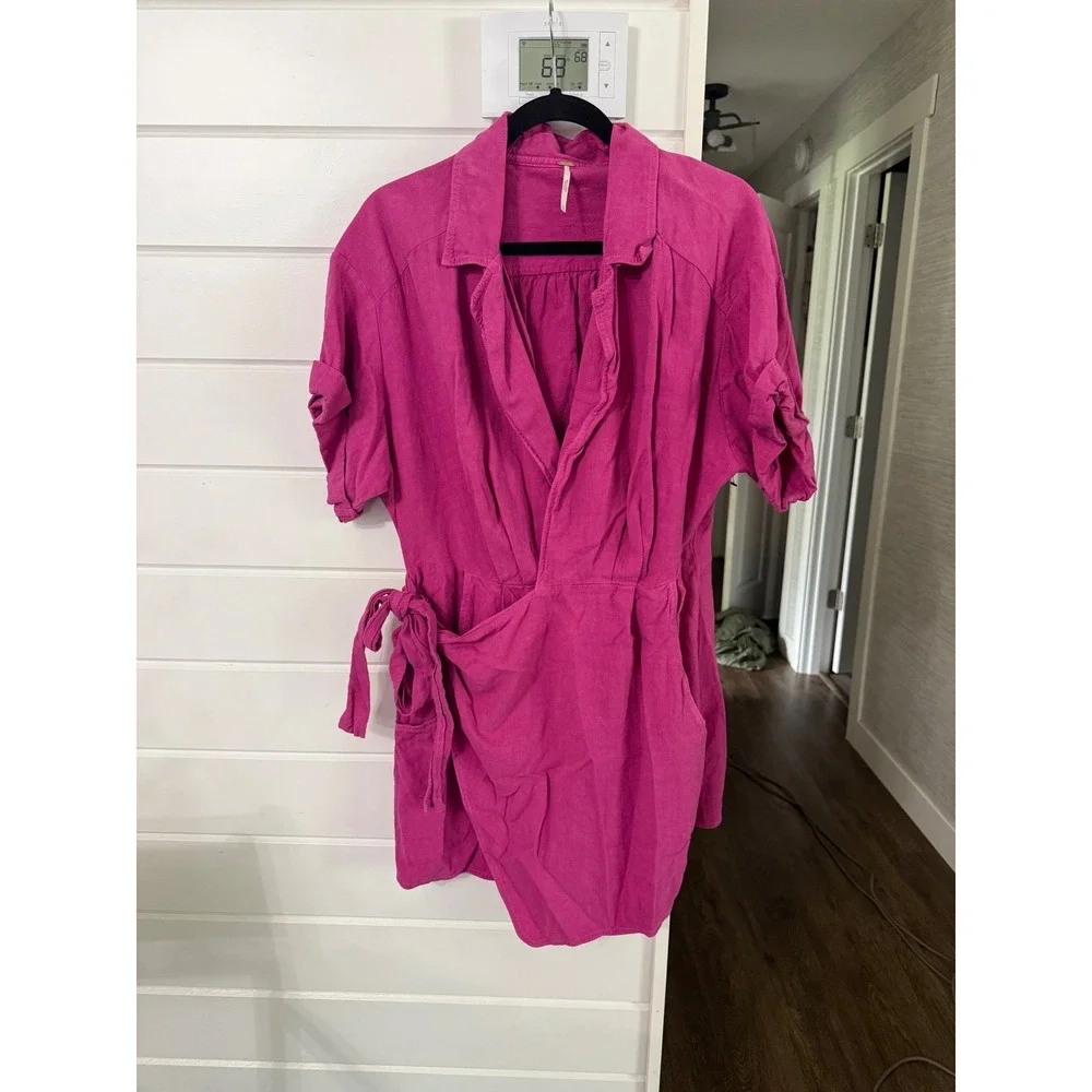 Free People Sensual Safari Linen Wrap Dress‎ Raspberry Pink Fuchsia XS